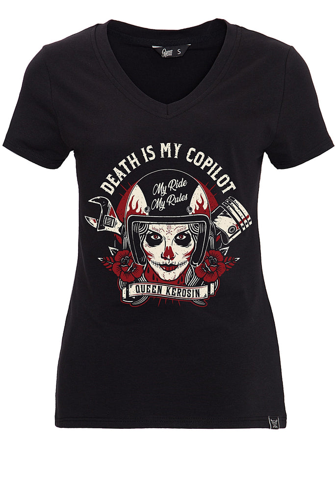 Queen Kerosin - T-Shirt mit V - Ausschnitt und Frontprint «Death is my Co - Pilot»