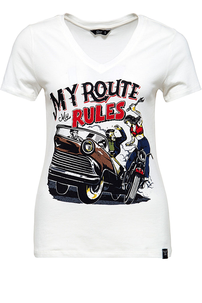 Queen Kerosin - T-Shirt mit V - Ausschnitt und Print im Retro - Stil «My Route My Rules»