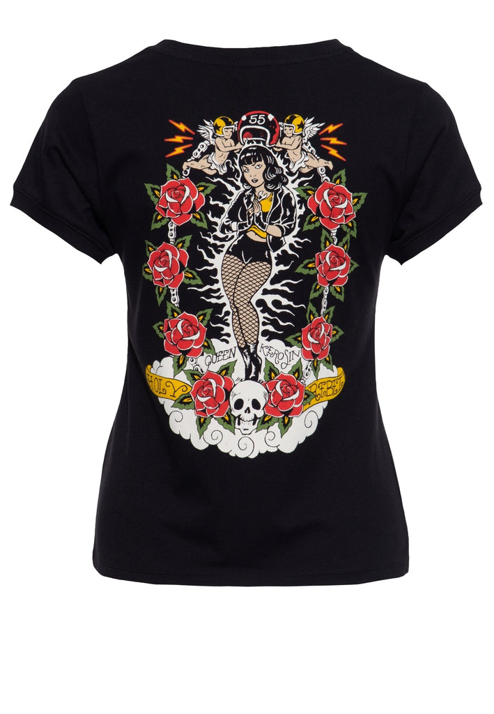 Queen Kerosin - Wide Fit T-Shirt aus reiner Baumwolle mit Prints «Holy Rebel»