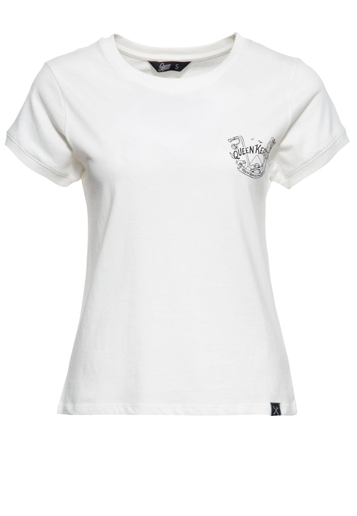 Queen Kerosin - Wide Fit T-Shirt mit Print auf der Brut und im Rücken «More hearts per life»