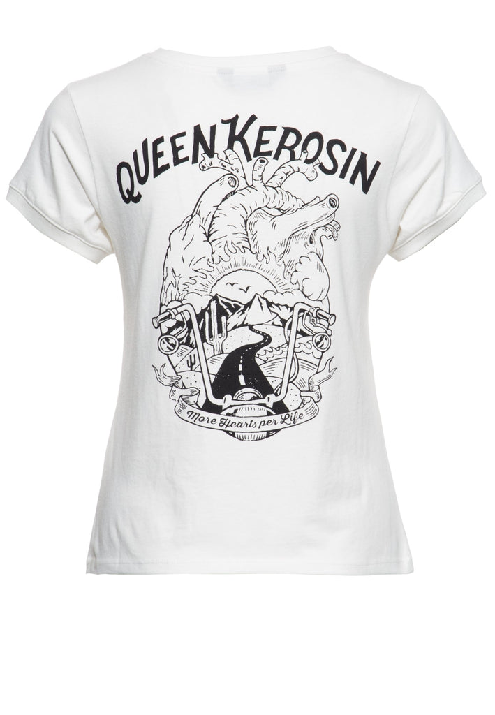 Queen Kerosin - Wide Fit T-Shirt mit Print auf der Brut und im Rücken «More hearts per life»