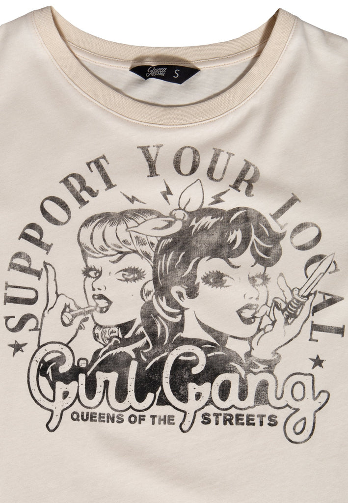 Queen Kerosin - Wide Fit T-Shirt mit Vintage Frontprint «Girl Gang»