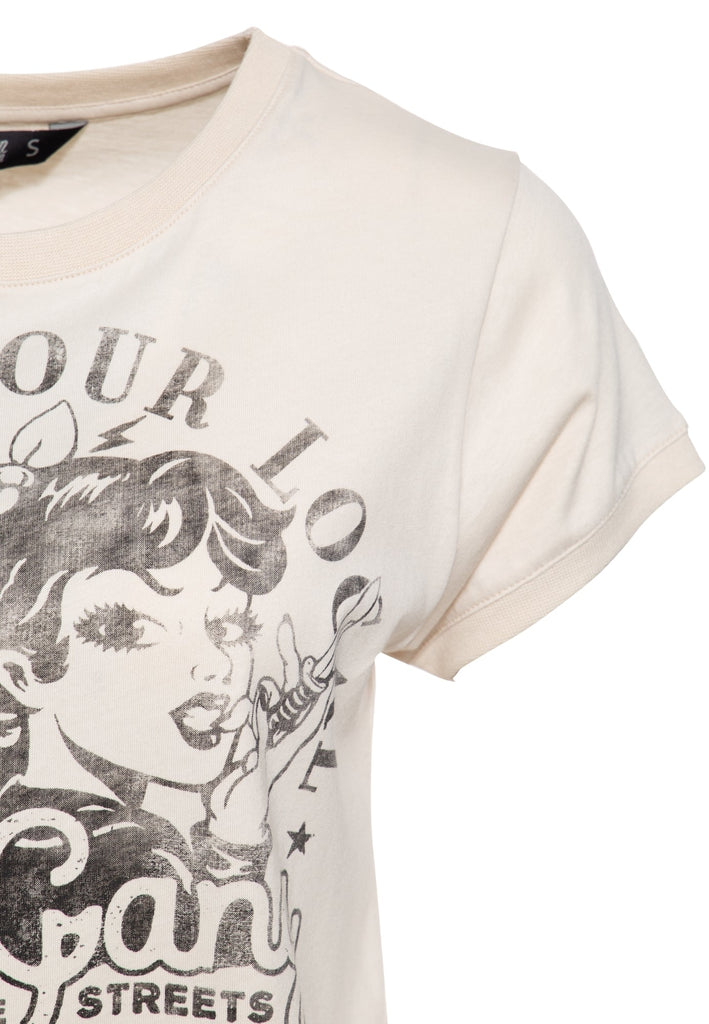 Queen Kerosin - Wide Fit T-Shirt mit Vintage Frontprint «Girl Gang»