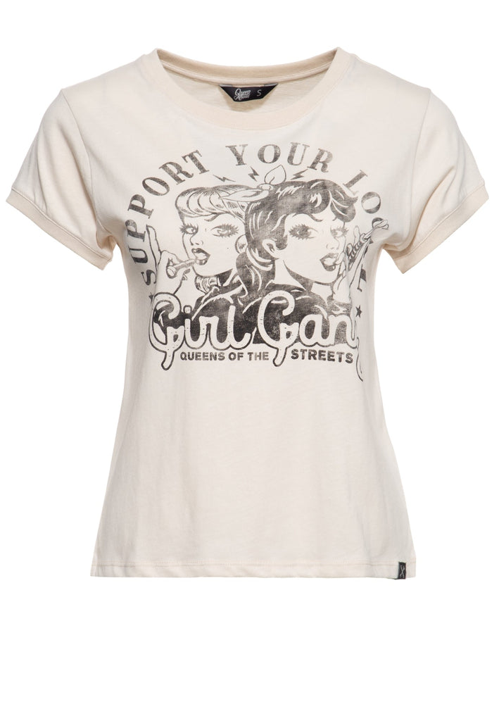 Queen Kerosin - Wide Fit T-Shirt mit Vintage Frontprint «Girl Gang»