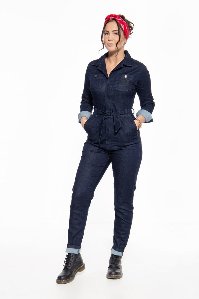 Queen Kerosin - Workwear Jeansoverall mit Brusttaschen und coolen Stickereien