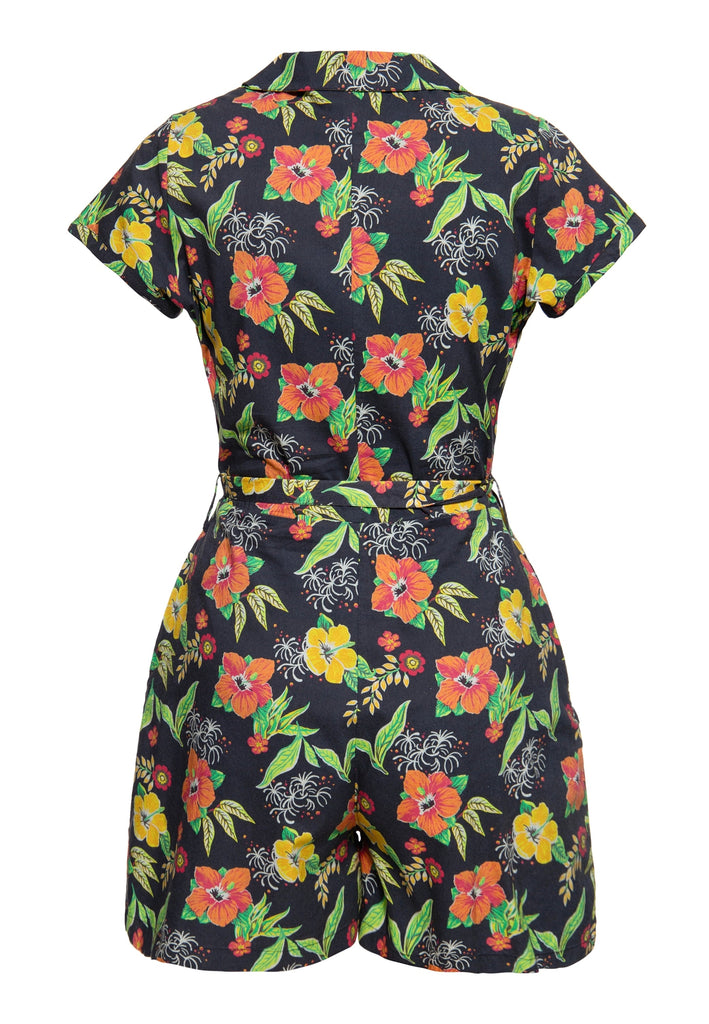 Queen Kerosin - Blusen Jumpsuit «Hibiscus Black»