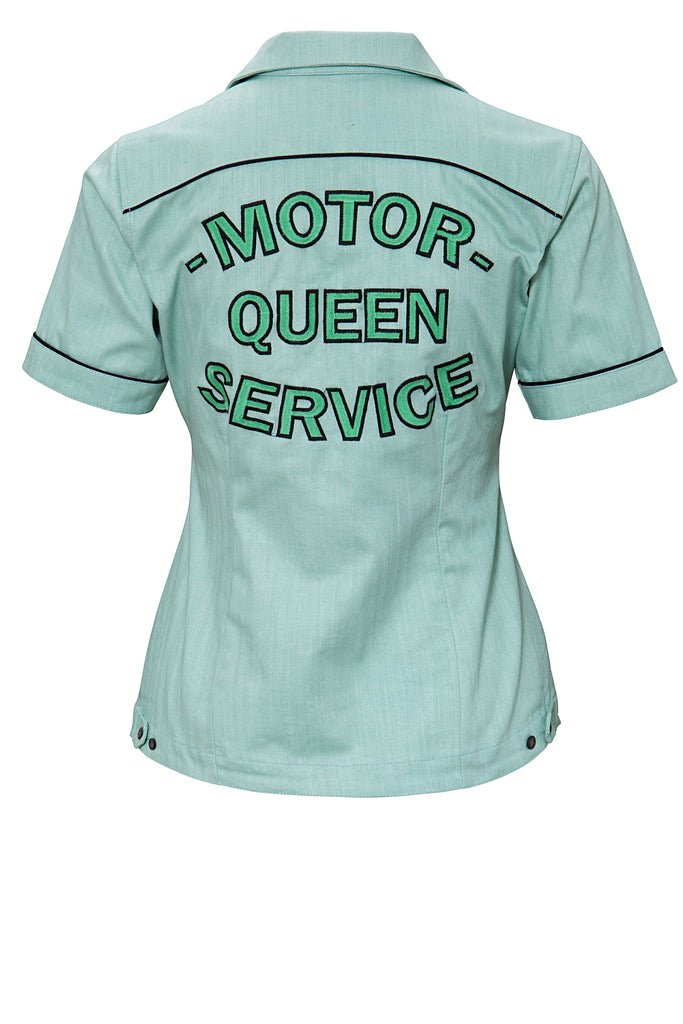 Queen Kerosin - Kurzarm Reverskragen Bluse im Racing Design «Motor Queen»