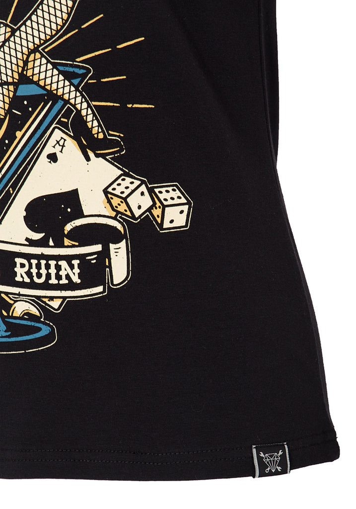 Queen Kerosin - Kurzarm Shirt mit mehrfarbigem Retro-Print und Logo-Patch «Mans Ruin»