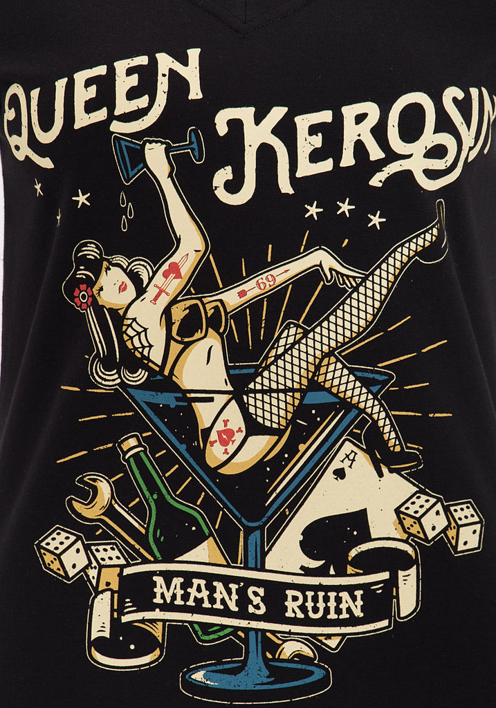 Queen Kerosin - Kurzarm Shirt mit mehrfarbigem Retro-Print und Logo-Patch «Mans Ruin»