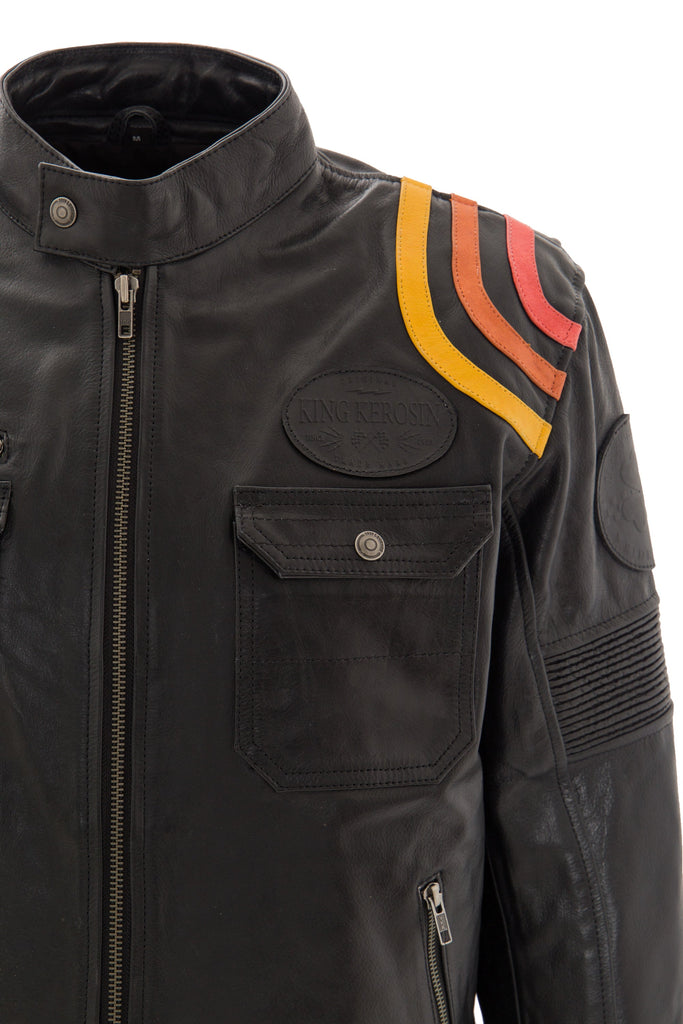 King Kerosin - Lederjacke Print und Racer-Streifen «Cafe Racer»