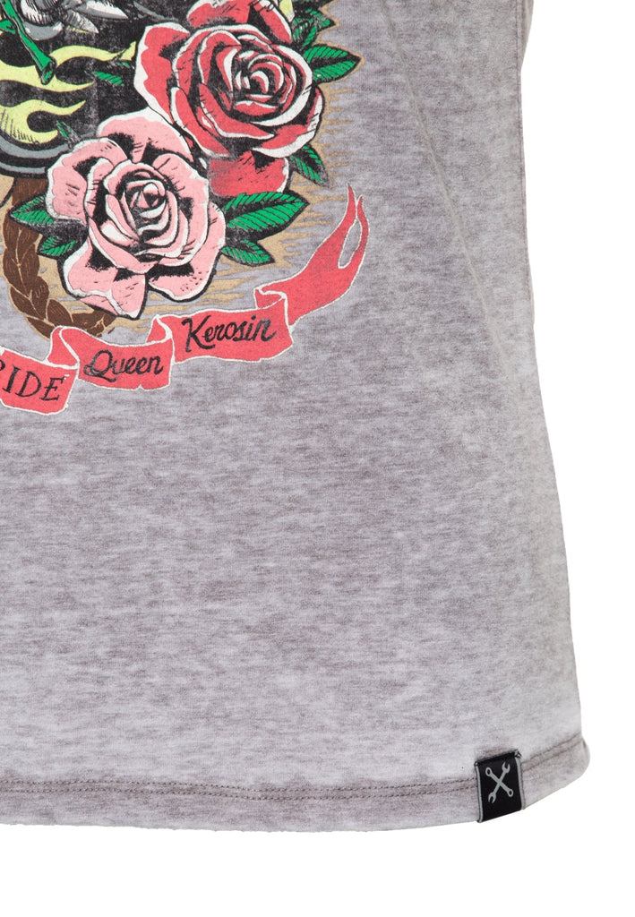 Queen Kerosin - Roll-Up T-Shirt Enzymwash mit Print «Wild Free»