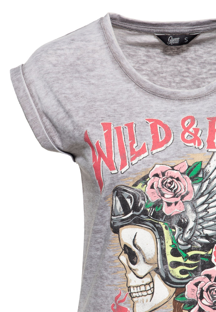 Queen Kerosin - Roll-Up T-Shirt Enzymwash mit Print «Wild Free»