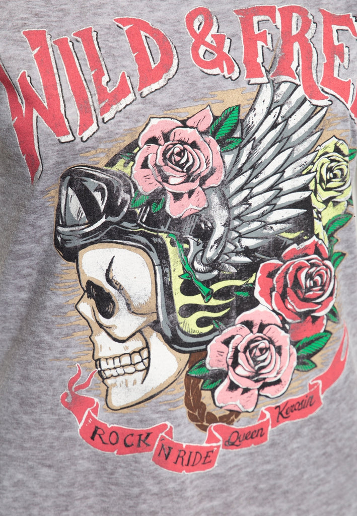 Queen Kerosin - Roll-Up T-Shirt Enzymwash mit Print «Wild Free»