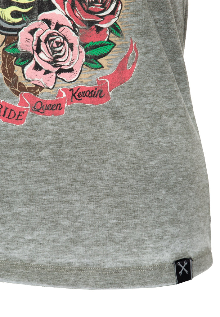 Queen Kerosin - Roll-Up T-Shirt Enzymwash mit Print «Wild Free»