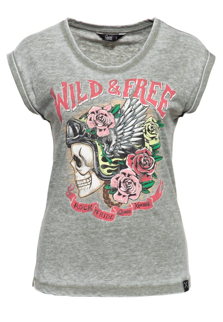 Queen Kerosin - Roll-Up T-Shirt Enzymwash mit Print «Wild Free»