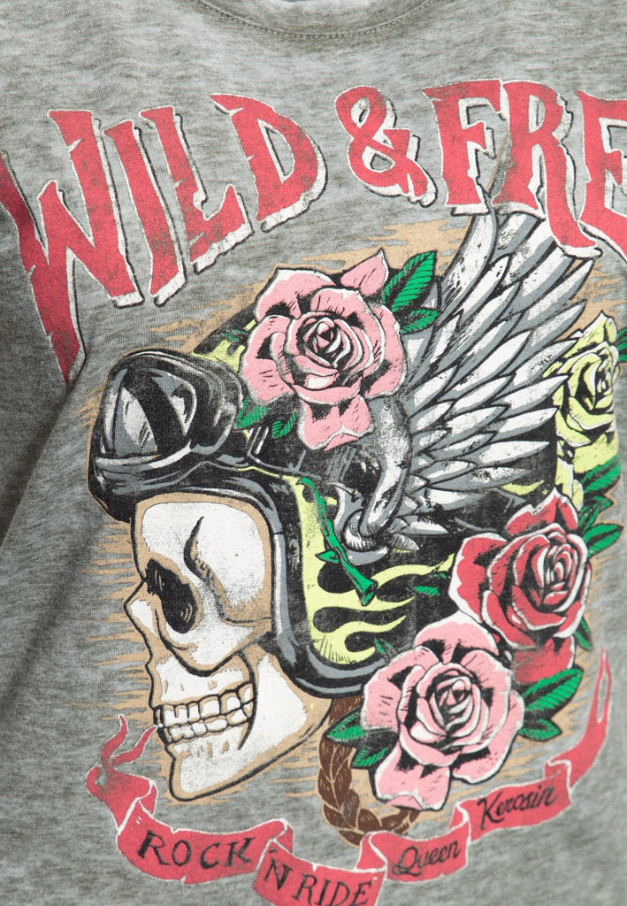 Queen Kerosin - Roll-Up T-Shirt Enzymwash mit Print «Wild Free»