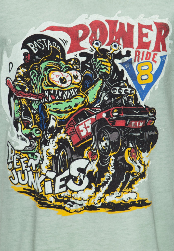 King Kerosin - Roll-Up T-Shirt Oil Wash mit Monster-Print und V-Ausschnitt «V8 Monster»