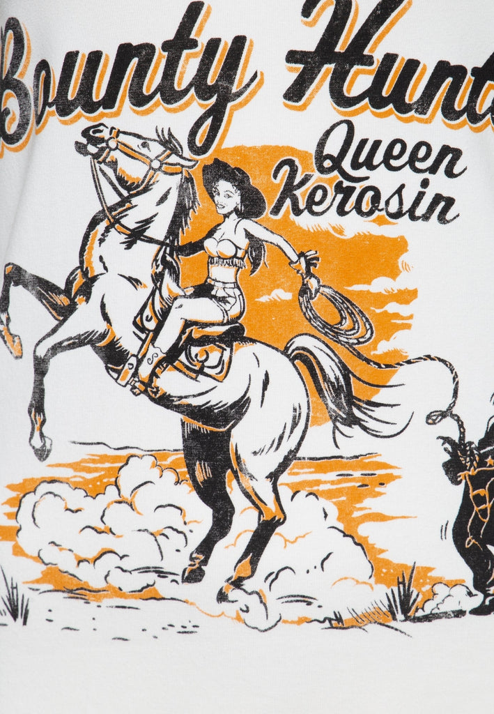 Queen Kerosin - Slim Fit T-Shirt mit V-Ausschnitt und Western Print «Bounty hunter»