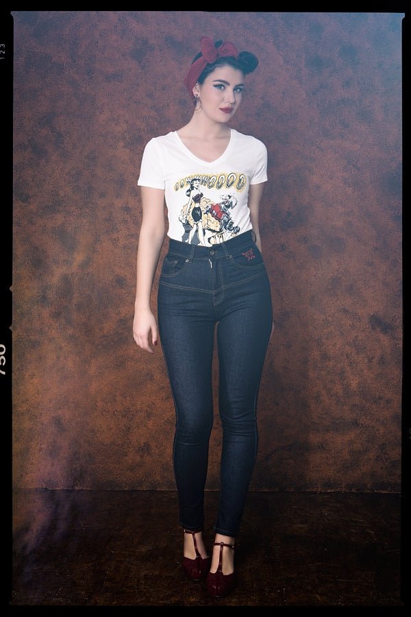 Queen Kerosin - T-Shirt mit Frontprint und V-Ausschnitt «Oowwwoooo»