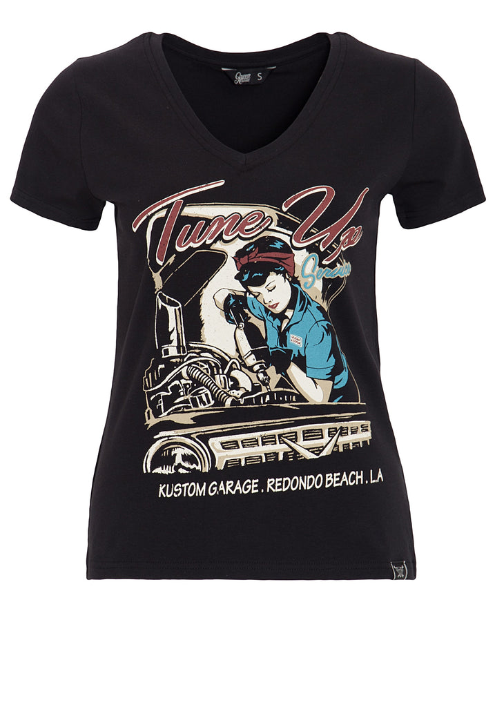 Queen Kerosin - T-Shirt mit V-Ausschnitt «Tune Up»